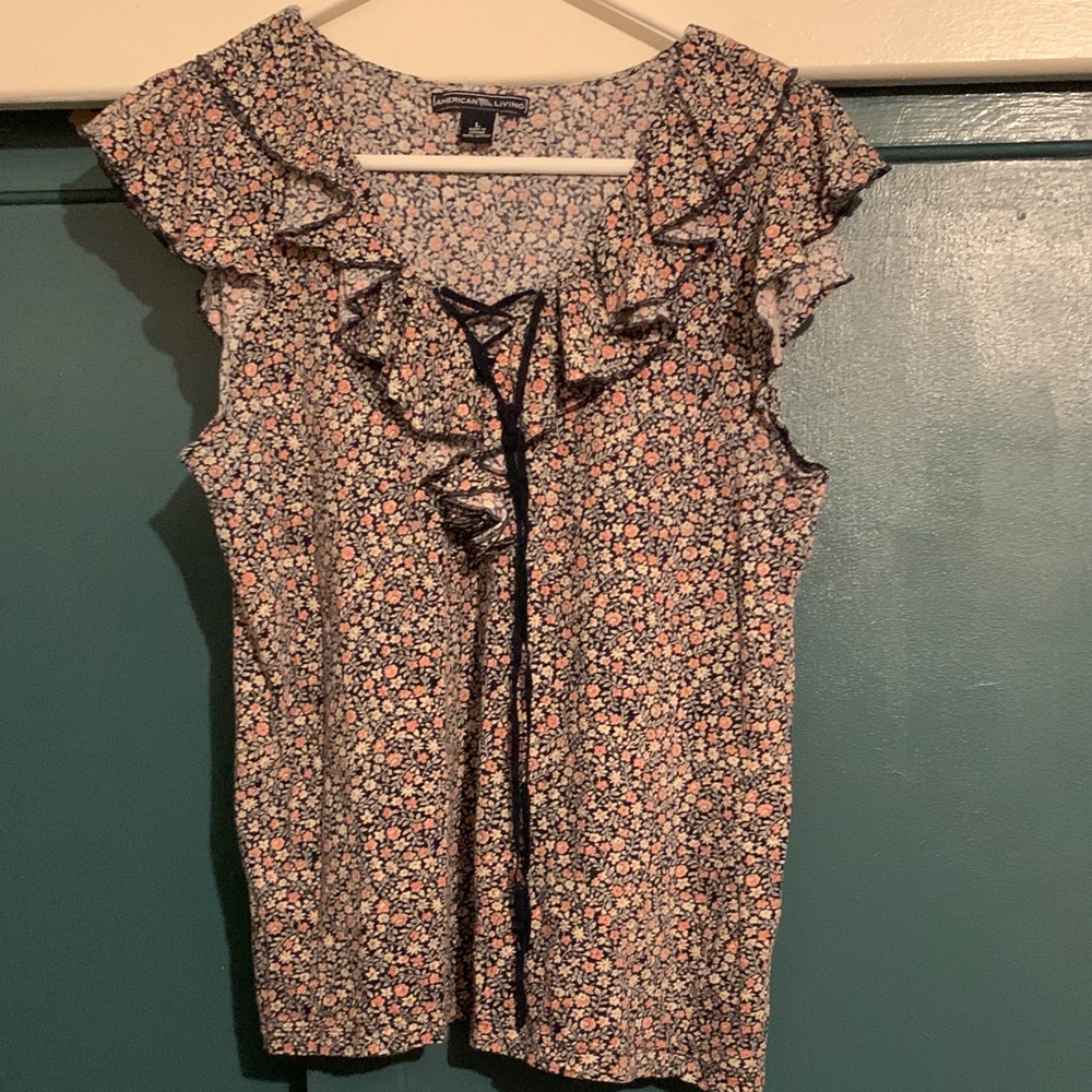 American Living Navy and Pink Floral Blouse